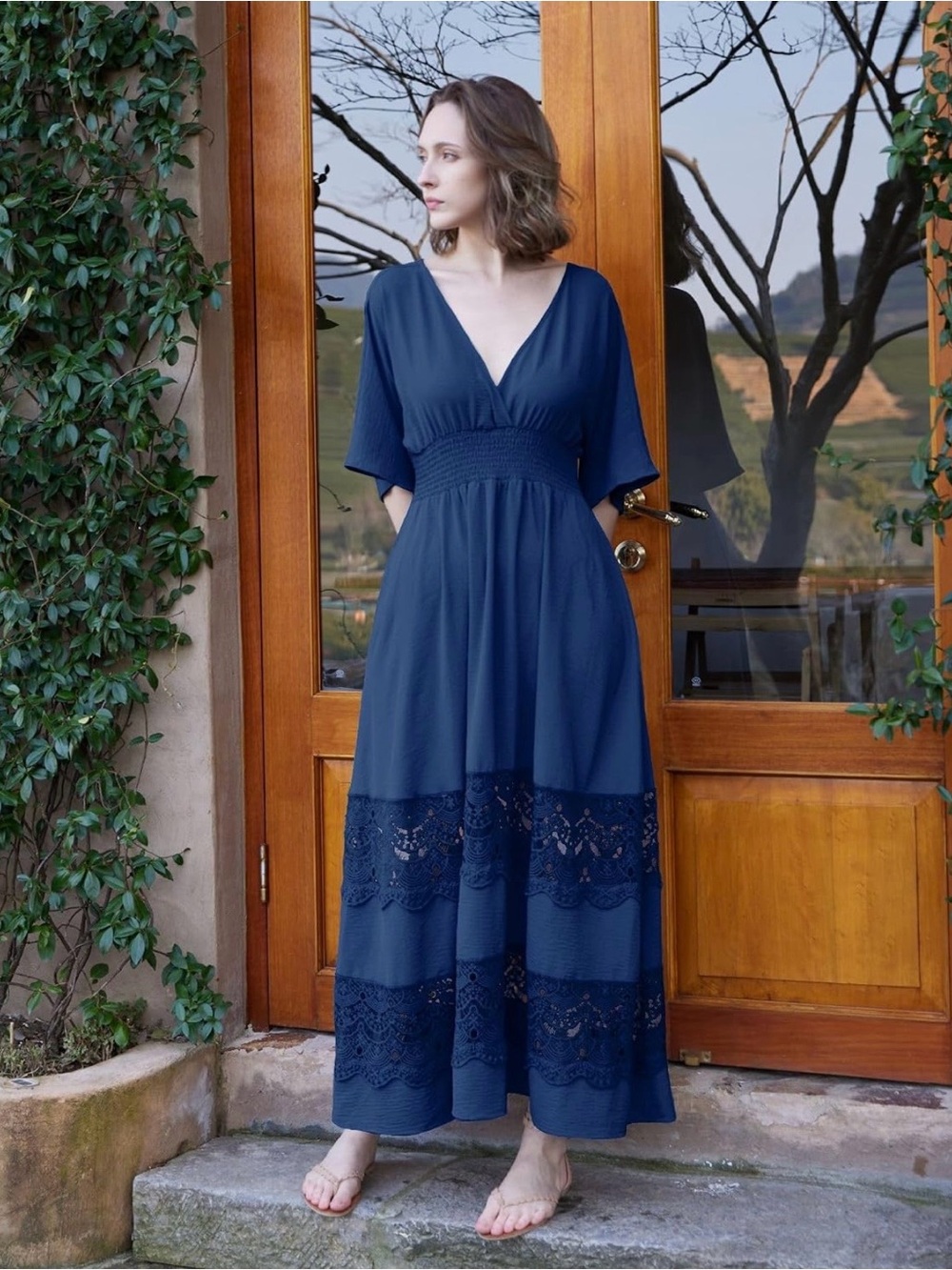 Smocked-Waist Navy Maxi Dress with Crochet Hem